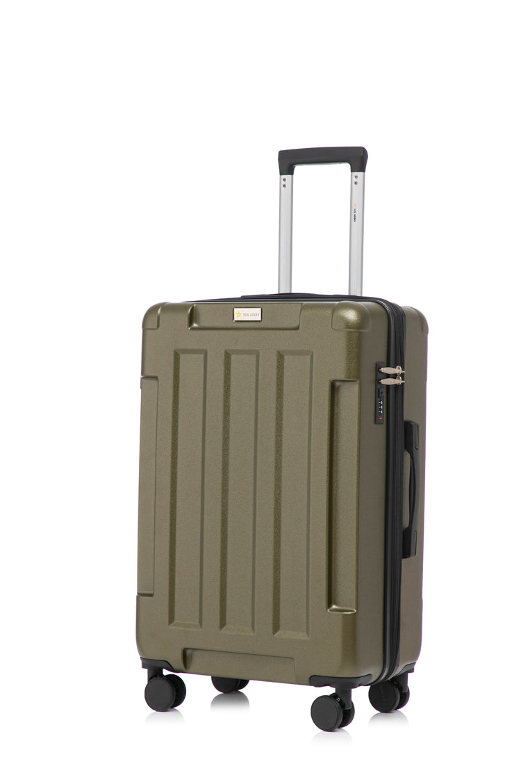 Green suitcase with wheels and handle on a white background