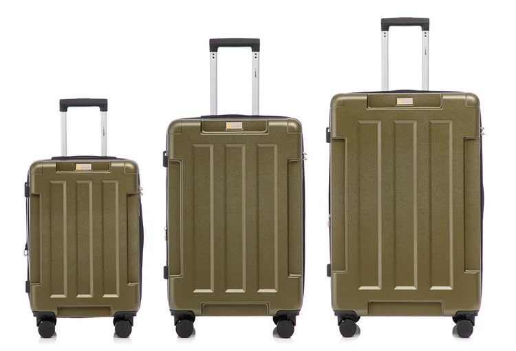Three green suitcases of different sizes on a white background