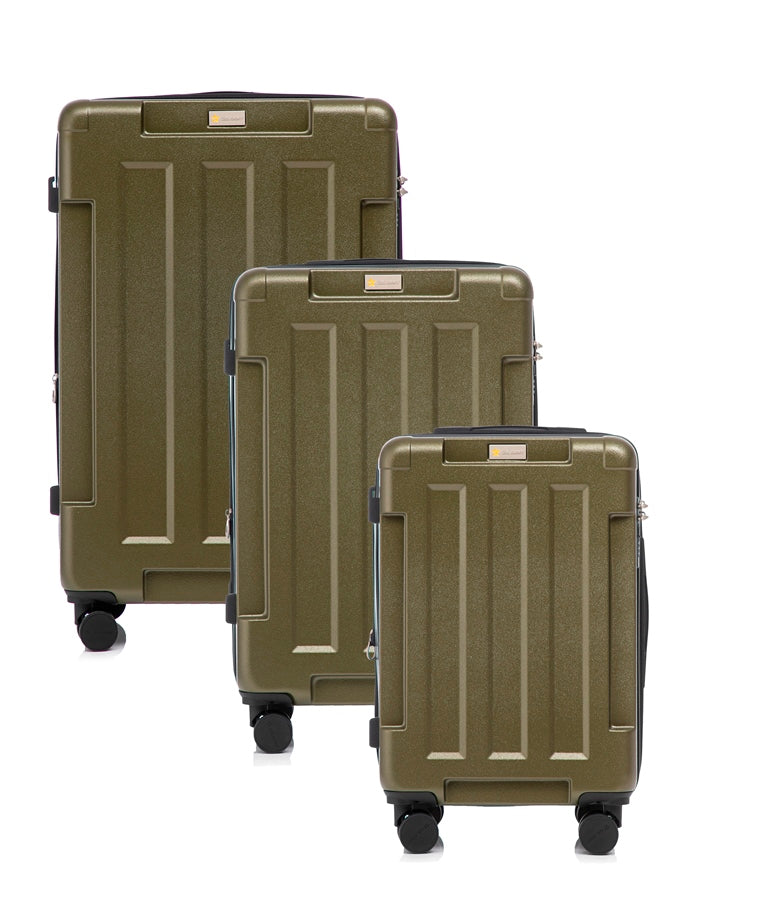 Three green suitcases of different sizes on a white background