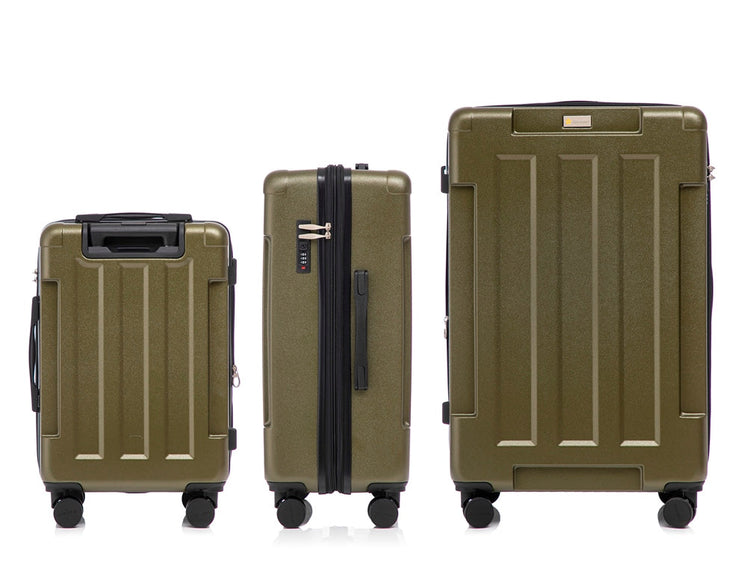 Three green suitcases of different sizes on a white background
