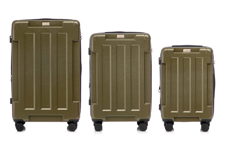 Three sizes of olive green suitcases on a white background