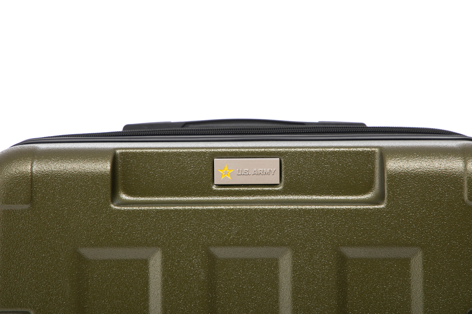 Green suitcase with a visible brand logo on a white background