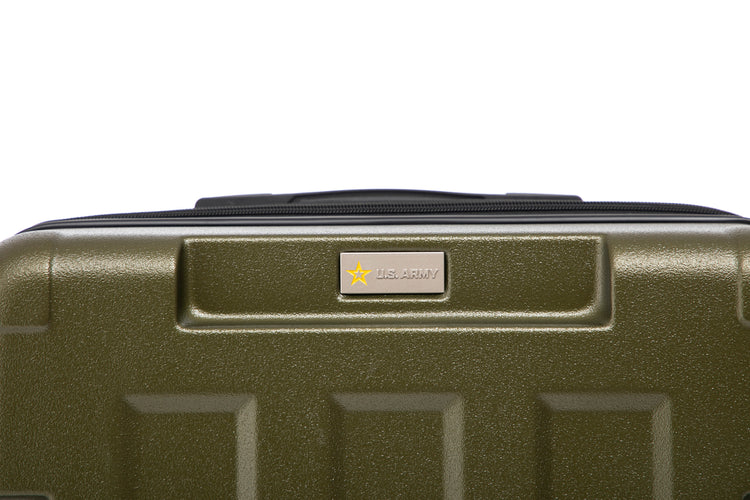 Green suitcase with a visible brand logo on a white background