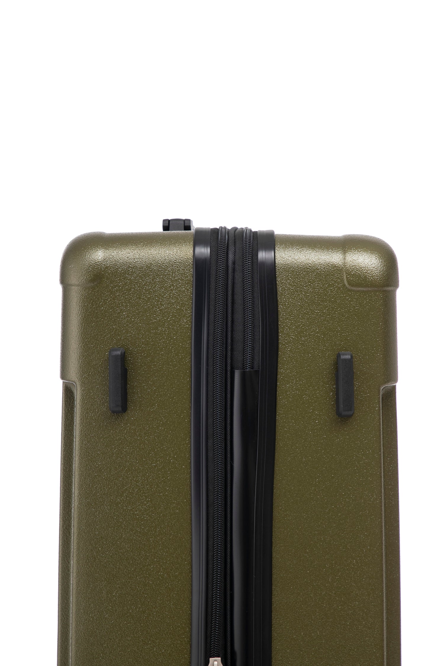 Green suitcase with black handle on a white background