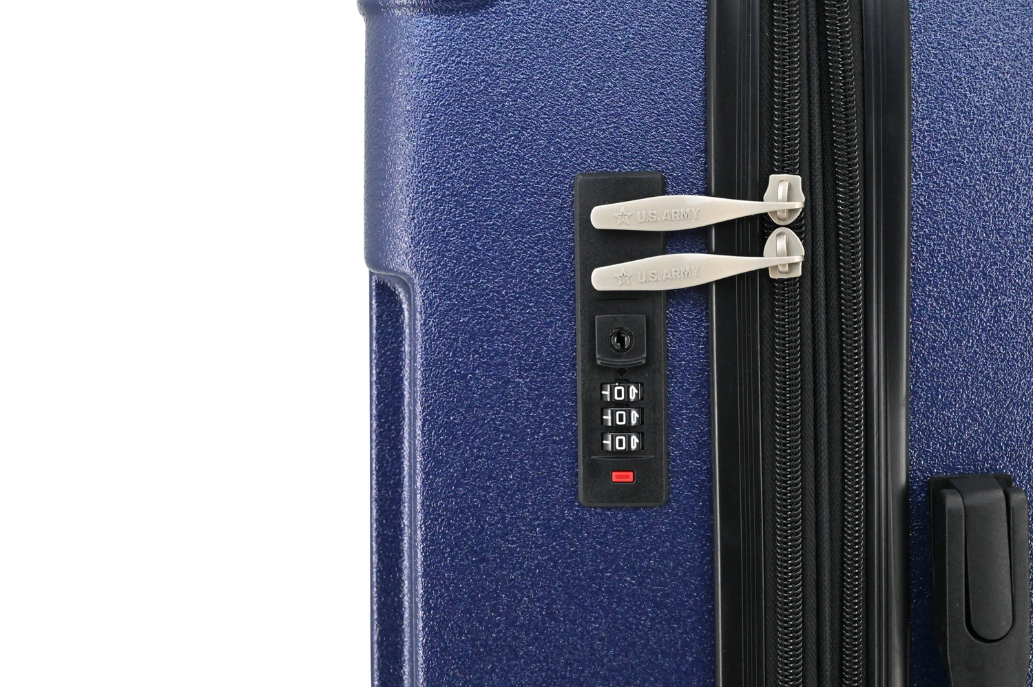 Close-up of a blue suitcase with a combination lock on a white background
