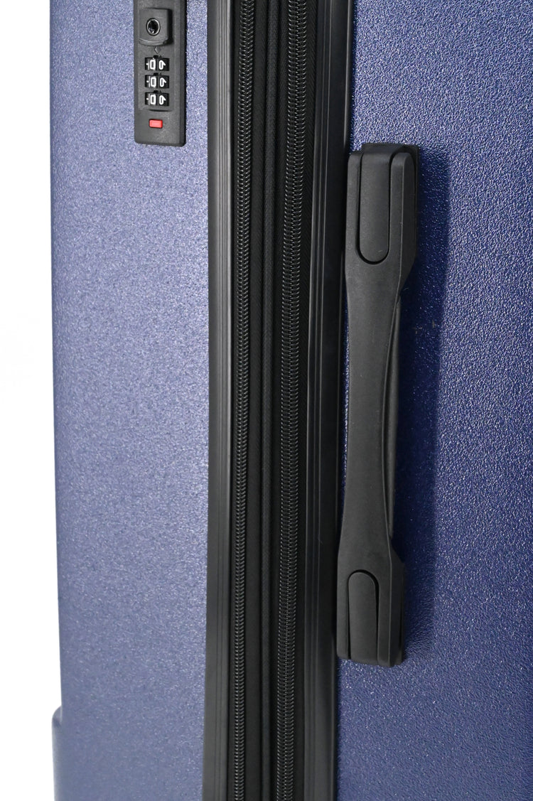 Blue suitcase with a black handle and combination lock on a white background
