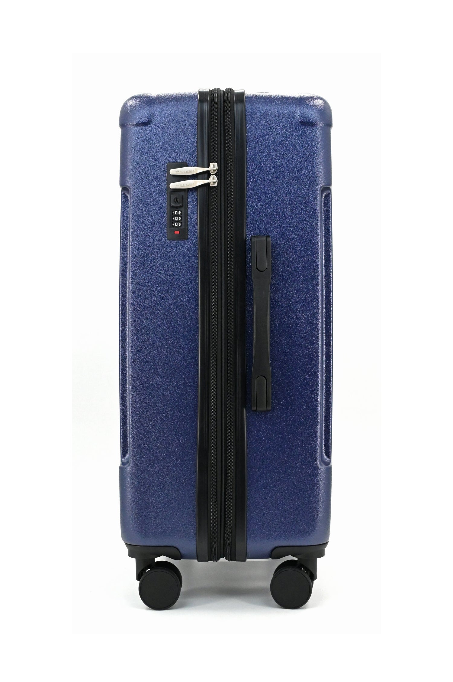 Blue suitcase with a black handle on a white background