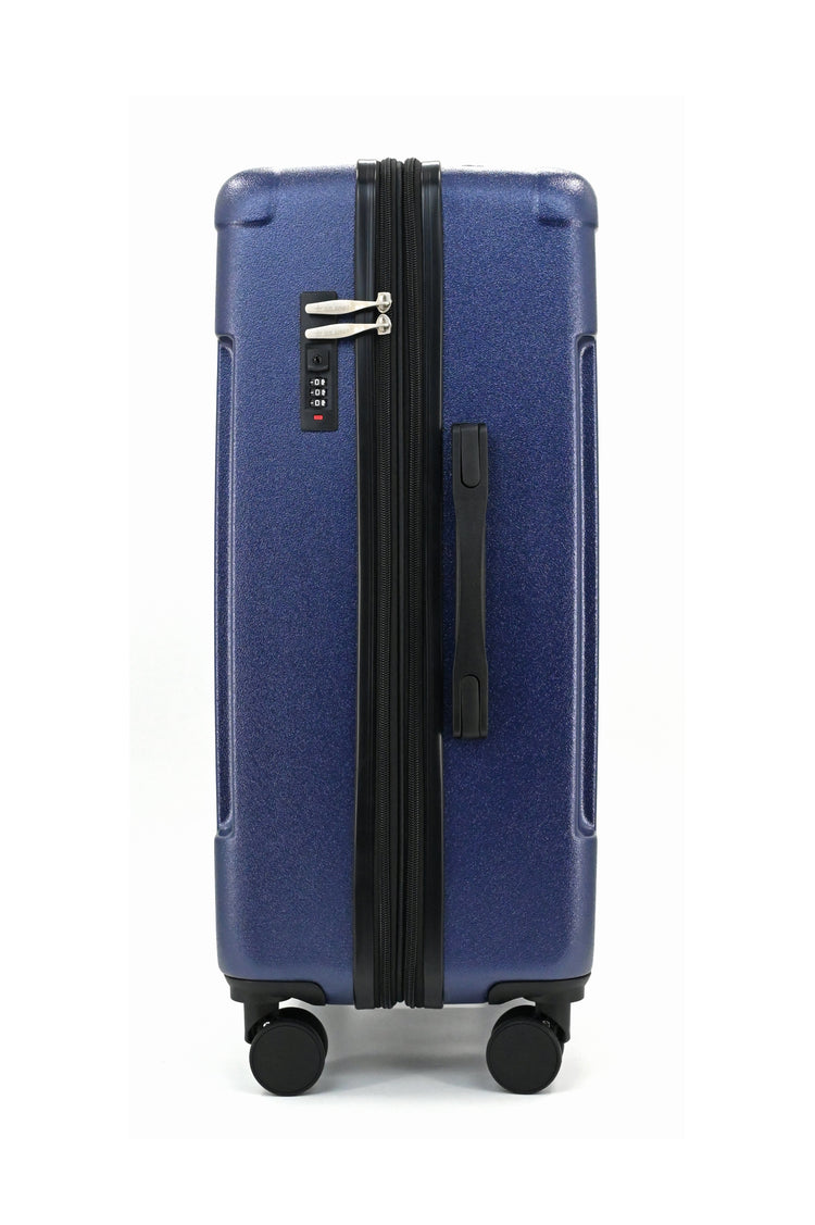 Blue suitcase with a black handle on a white background