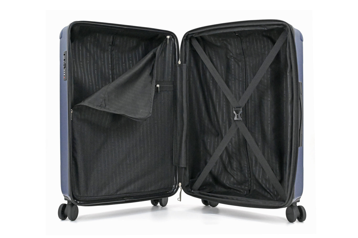 Open suitcase with interior view on a white background