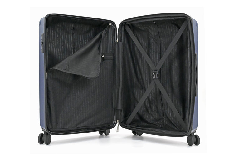 Open suitcase with interior view on a white background