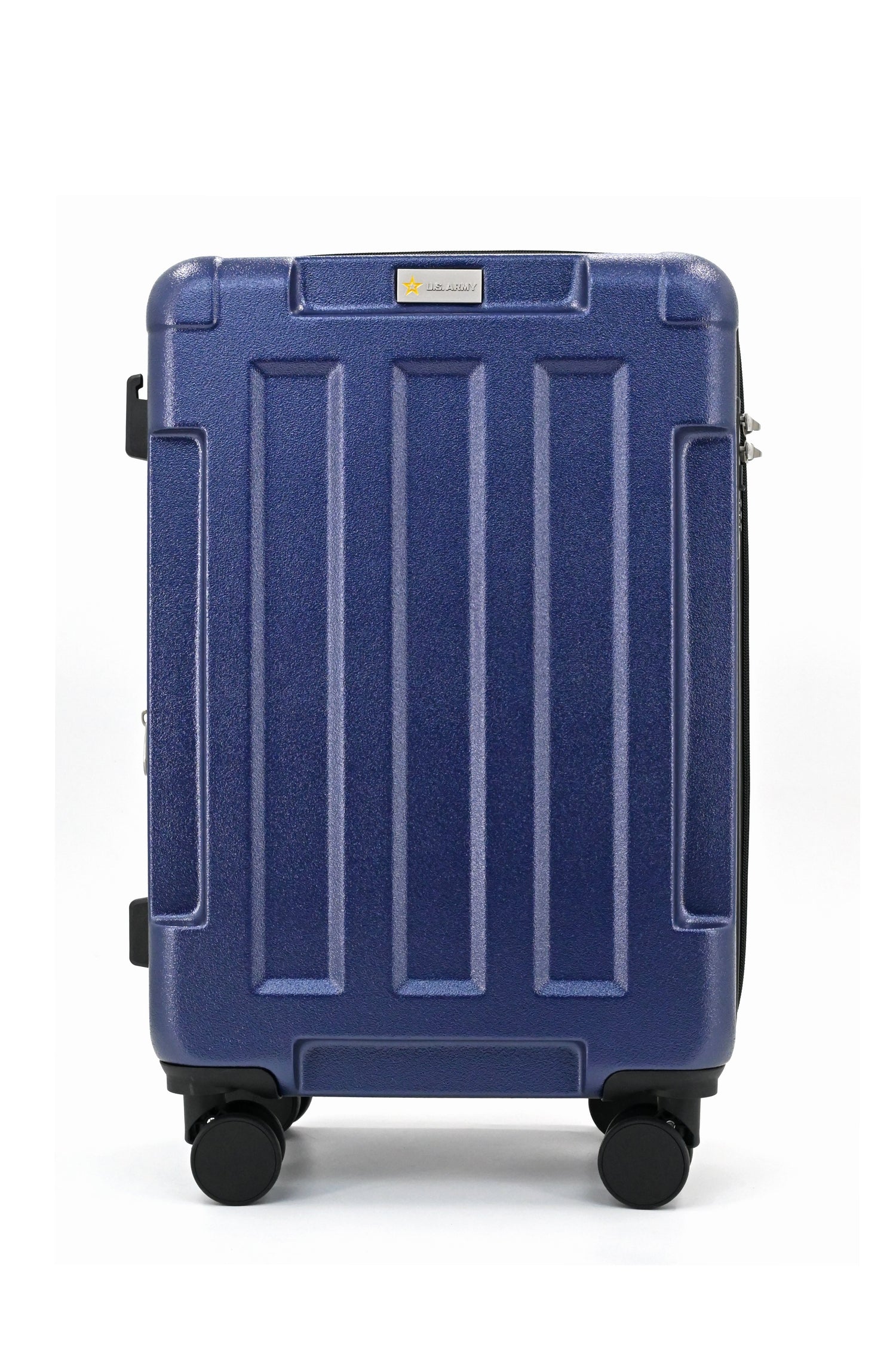 Blue suitcase with a textured surface on a white background