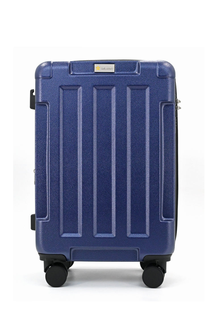 Blue suitcase with a textured surface on a white background