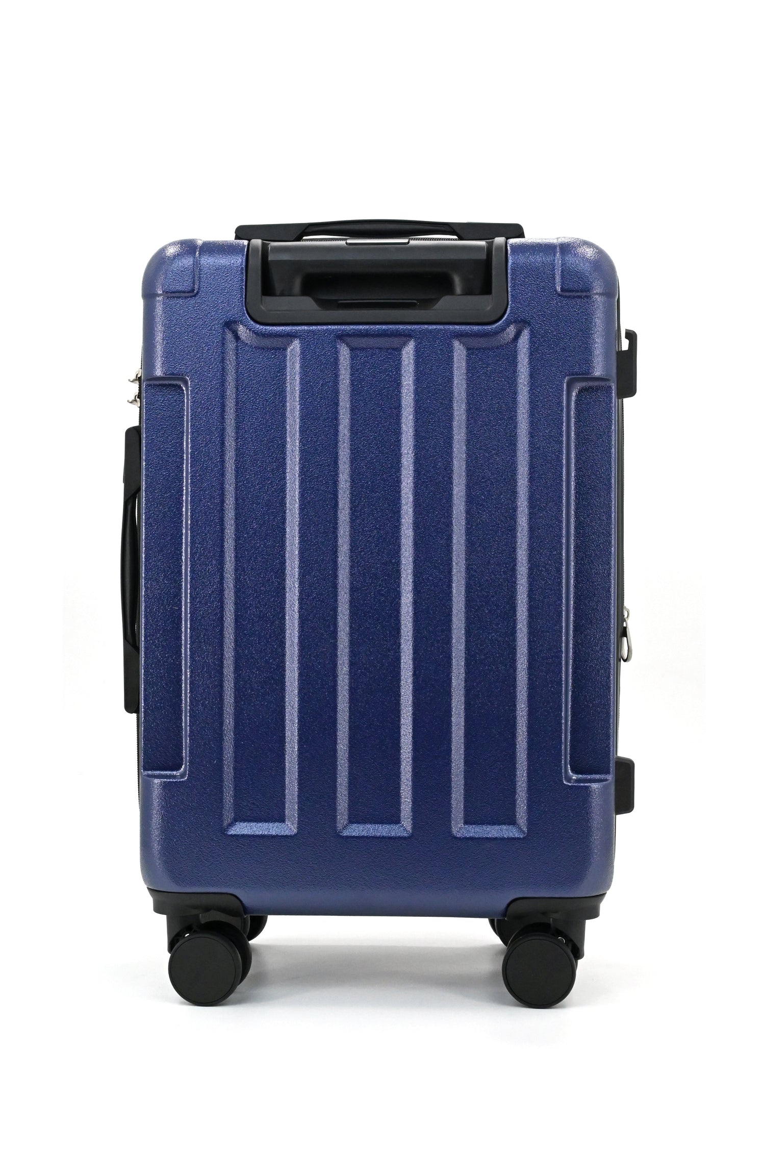 Blue suitcase with a black handle on a white background