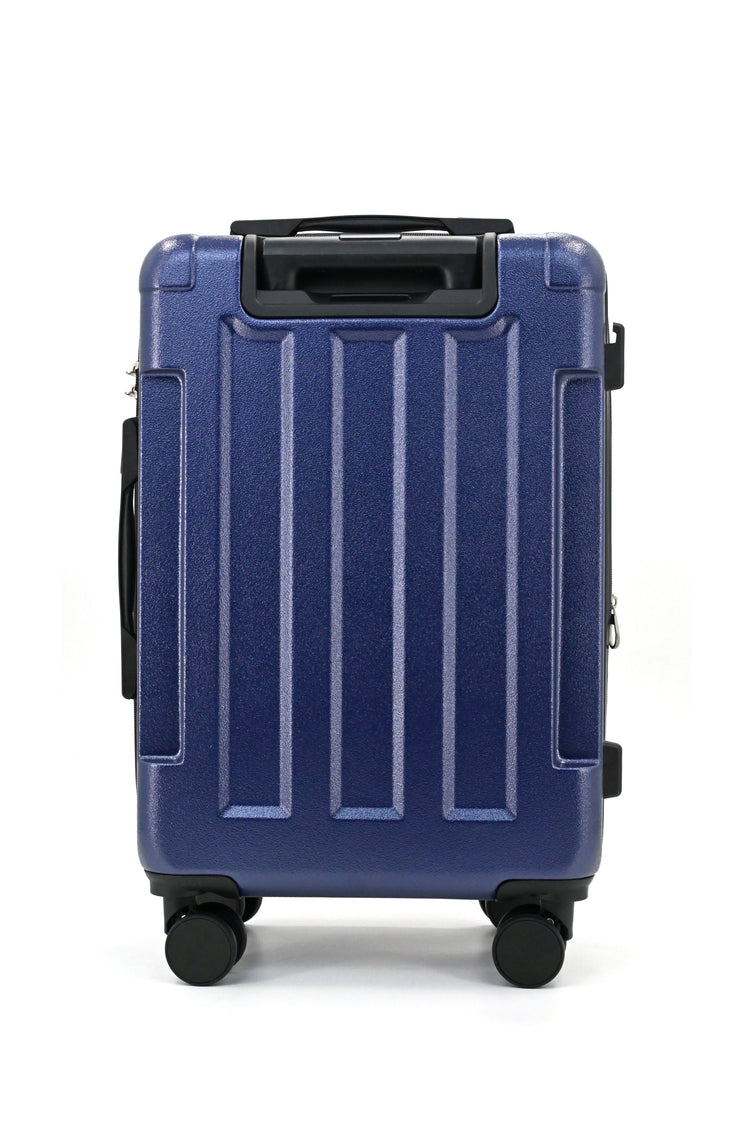 Blue suitcase with a black handle on a white background