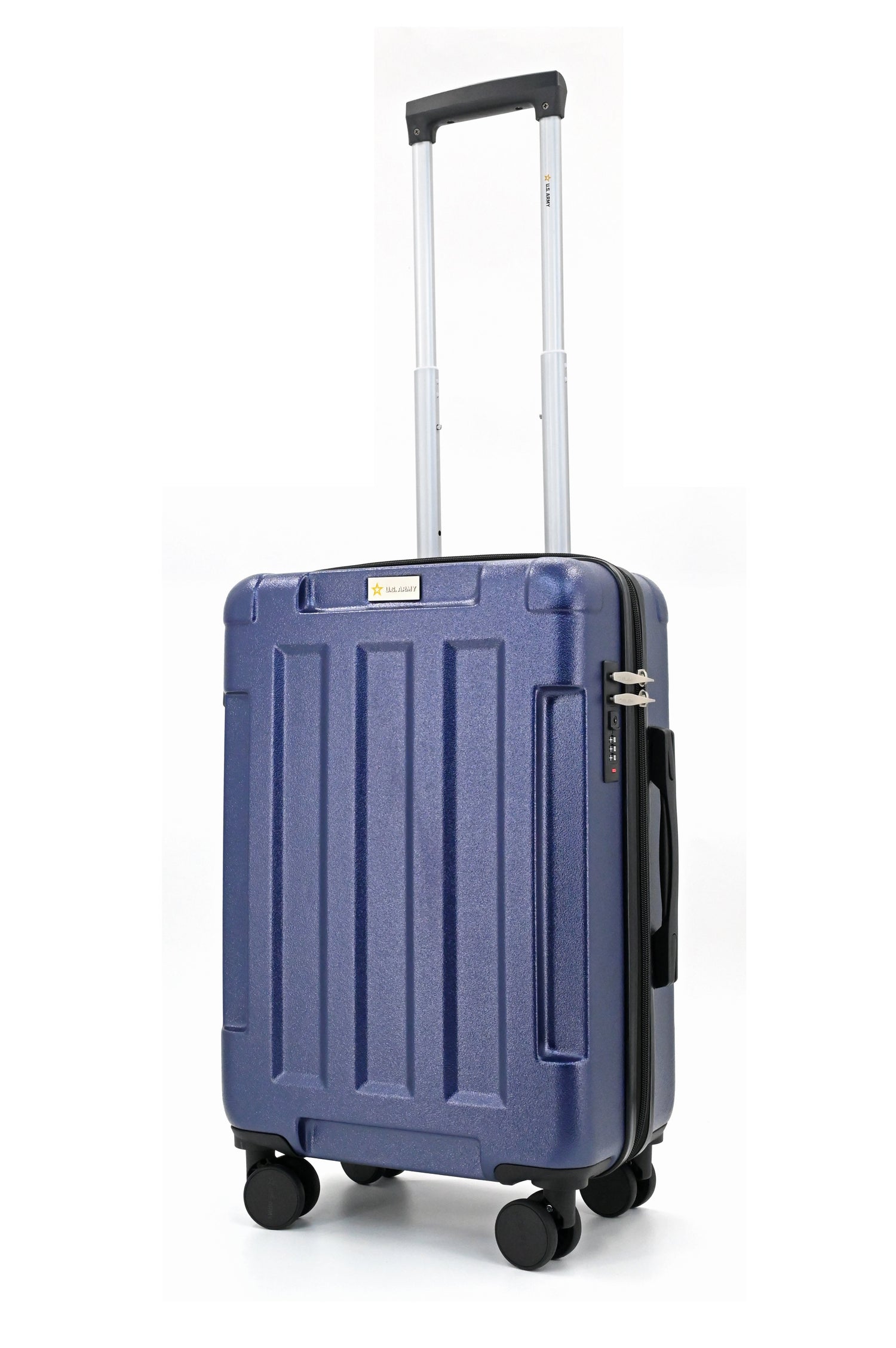 Blue suitcase with a handle on a white background