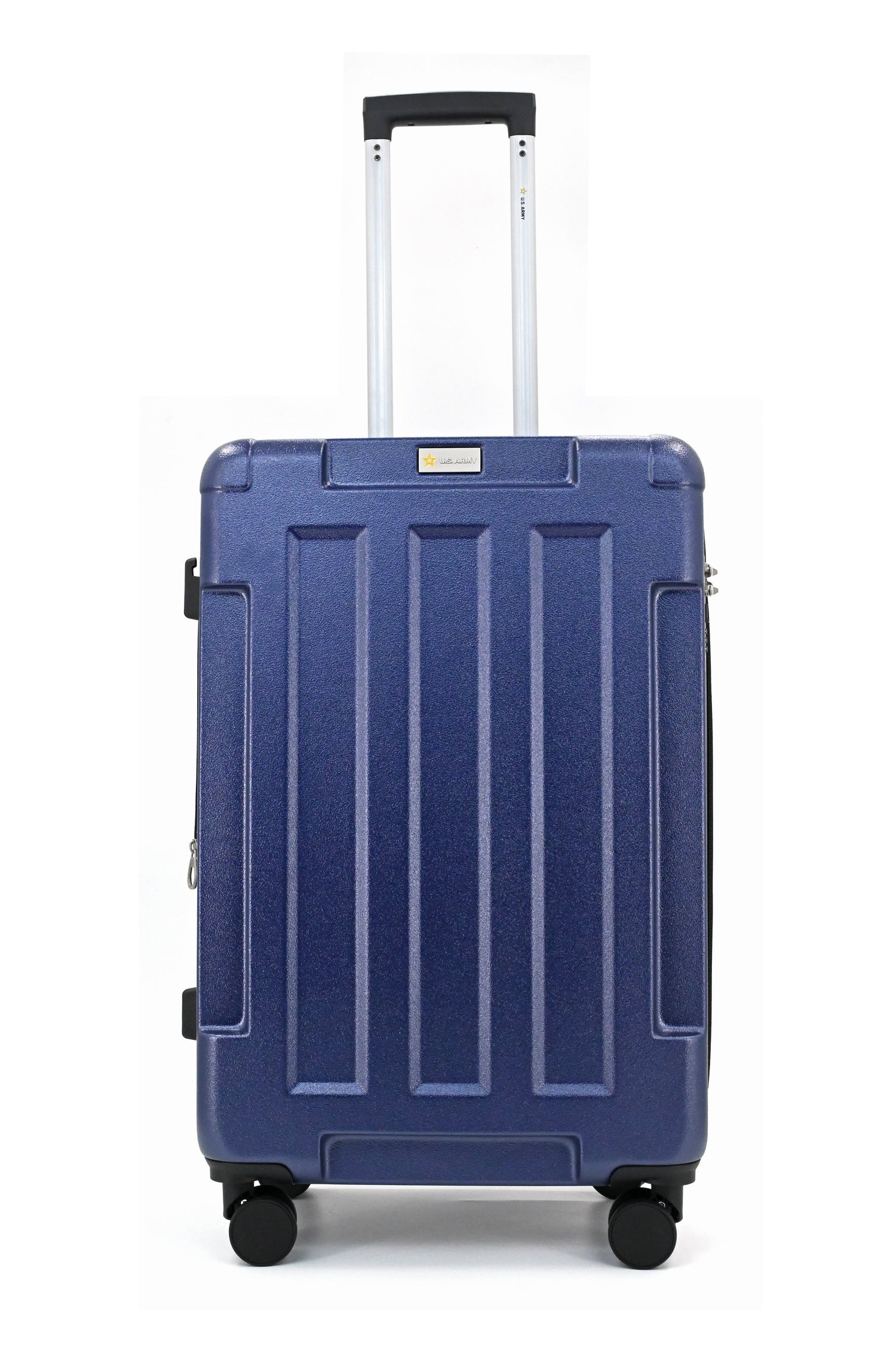 Blue suitcase with a white background