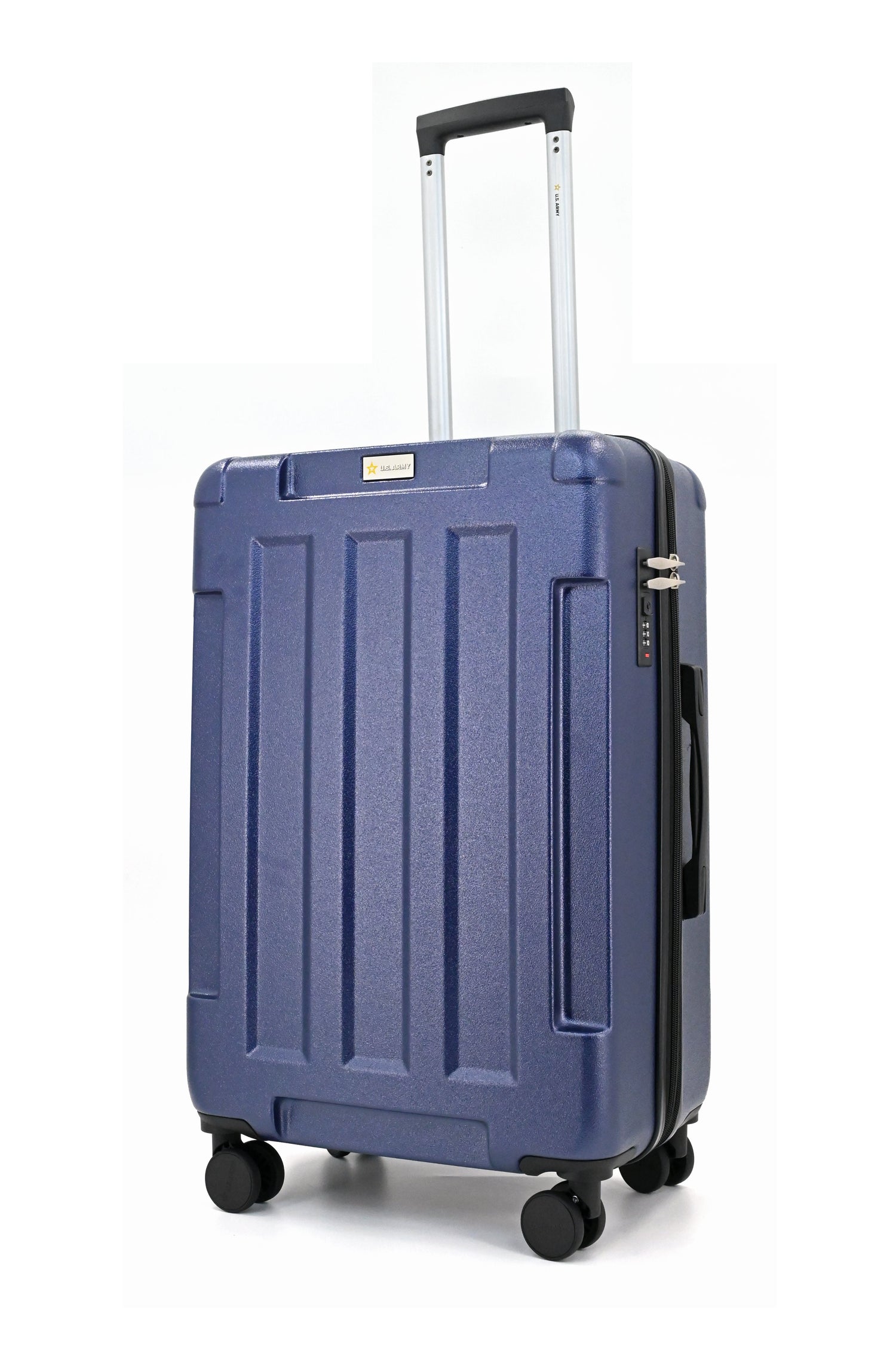Blue suitcase with wheels and handle on a white background