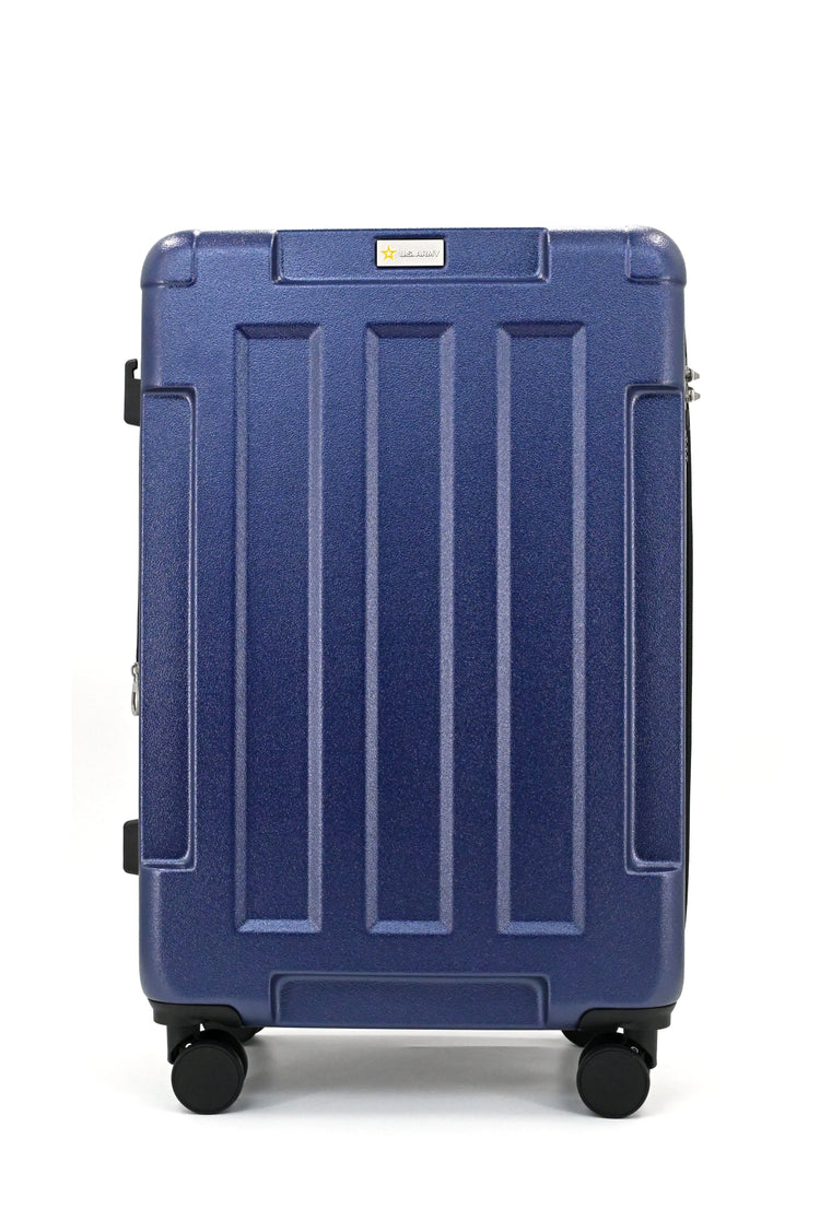 Blue suitcase with wheels on a white background