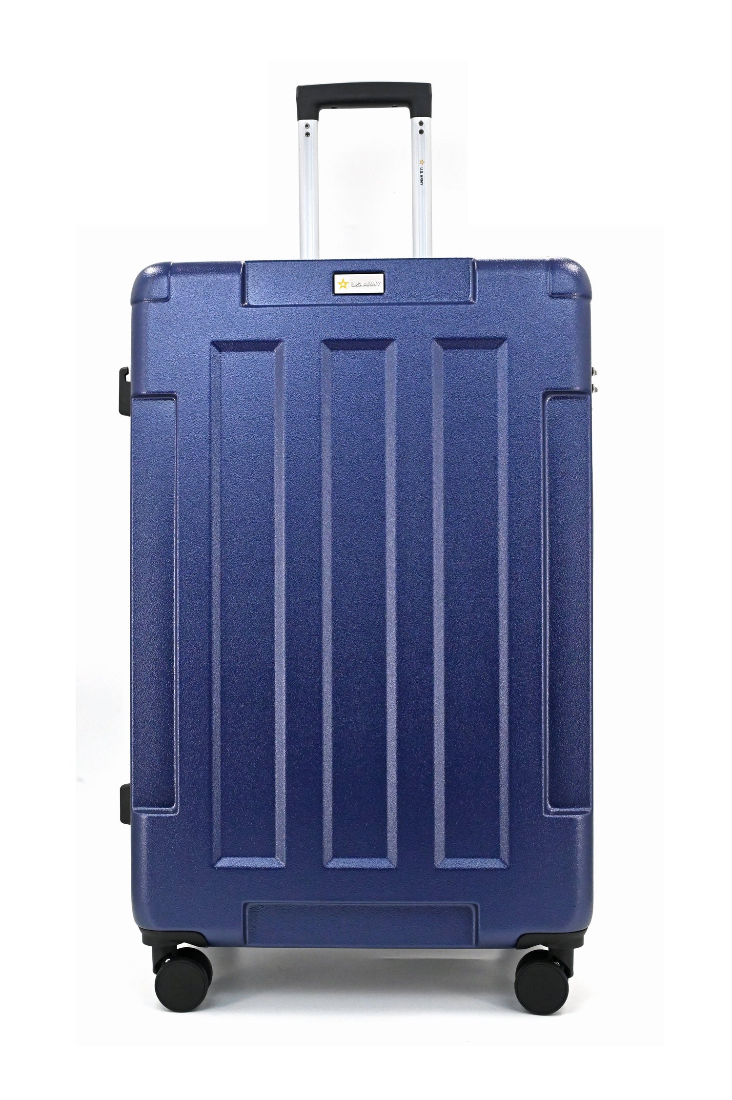 Blue suitcase with a visible brand logo on a white background