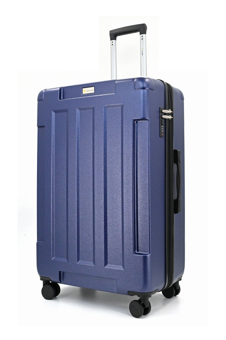 Blue suitcase with wheels and handle on a white background
