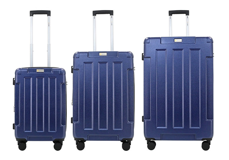 Three blue suitcases of different sizes on a white background