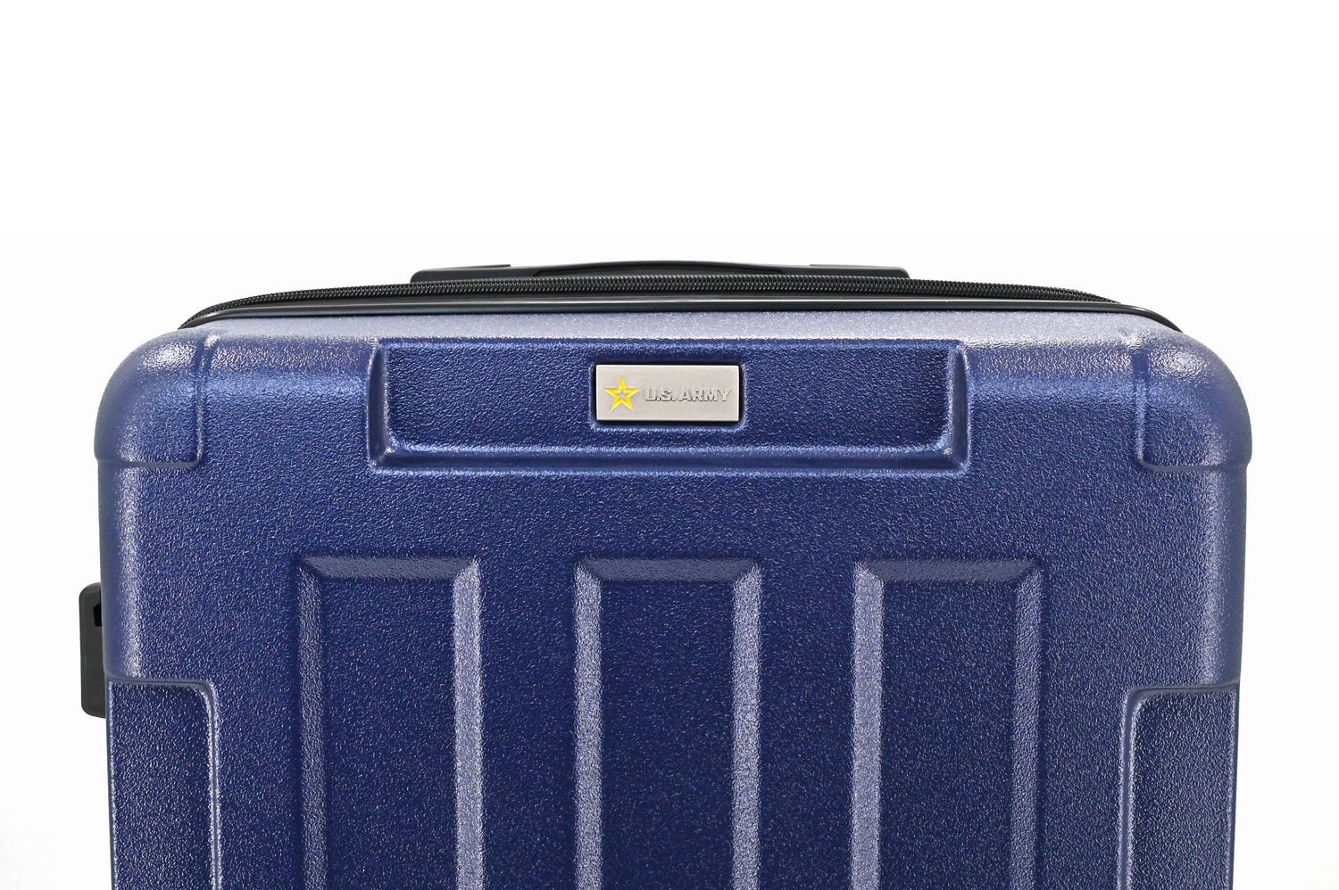 Blue suitcase with a visible brand logo on a white background