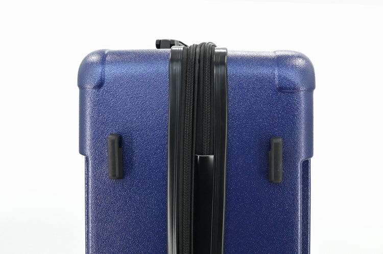 Blue suitcase with black handle on a white background