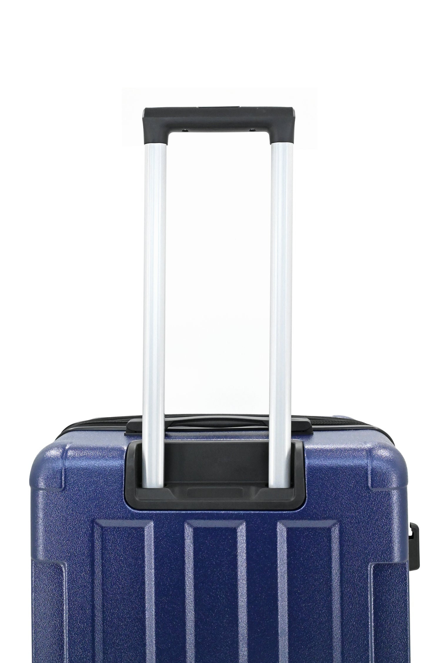 Blue suitcase with a black handle on a white background