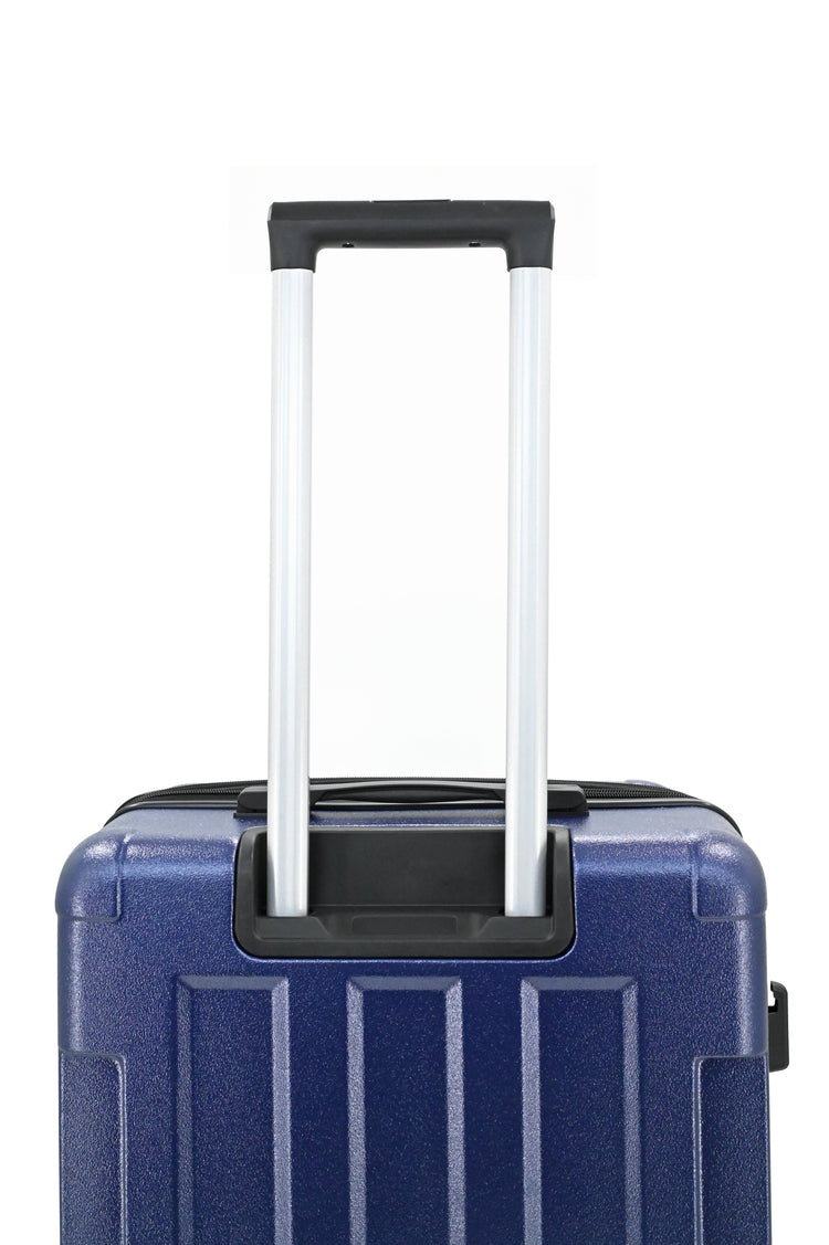 Blue suitcase with a black handle on a white background