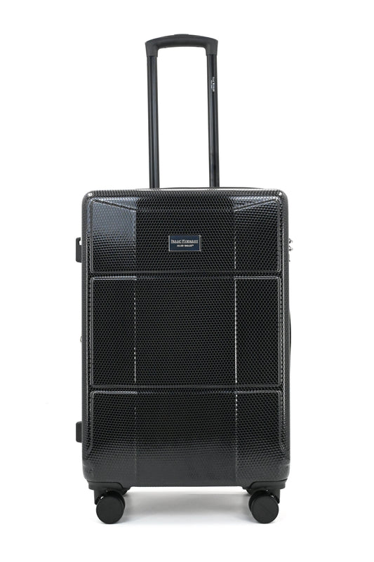 Set of black suitcases with wheels on a white background