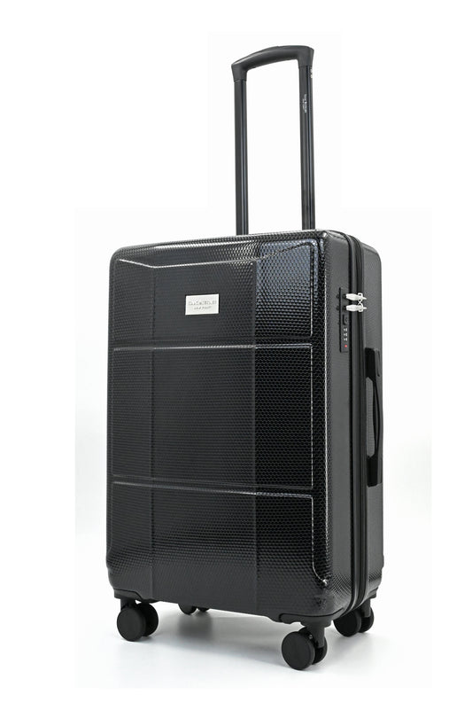 Set of black suitcases with wheels on a white background