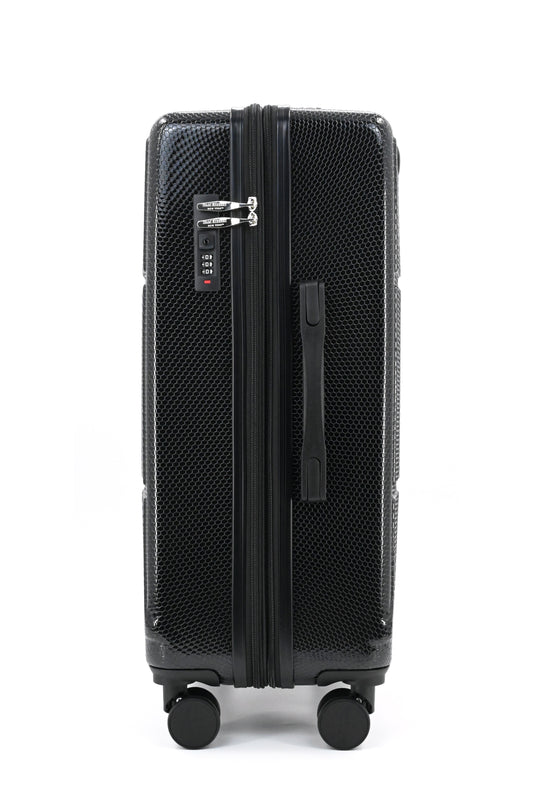 Set of black suitcases with wheels on a white background