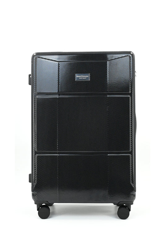 Set of black suitcases with wheels on a white background