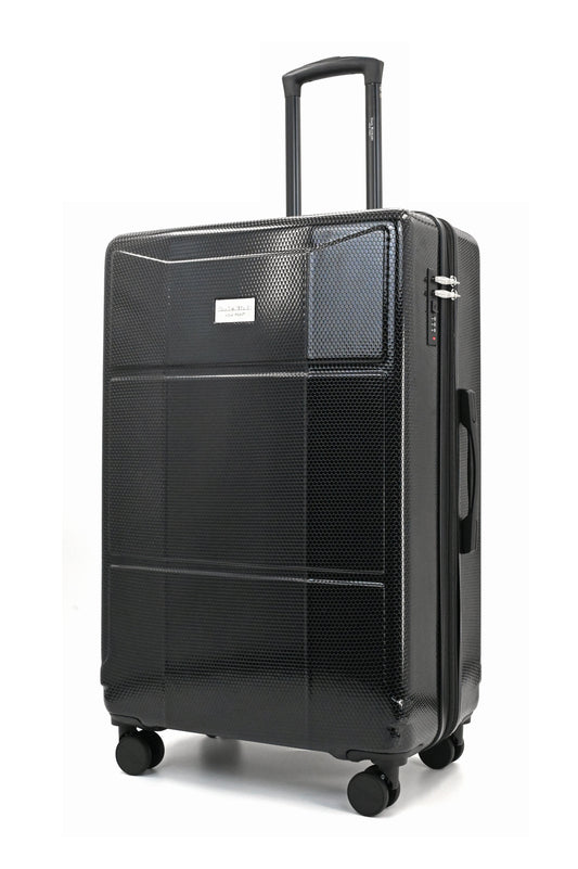 Set of black suitcases with wheels on a white background