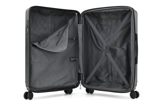 Set of black suitcases with wheels on a white background