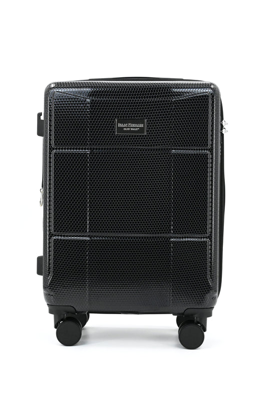Set of black suitcases with wheels on a white background