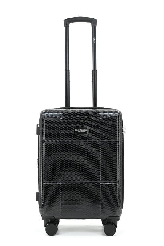 Set of black suitcases with wheels on a white background