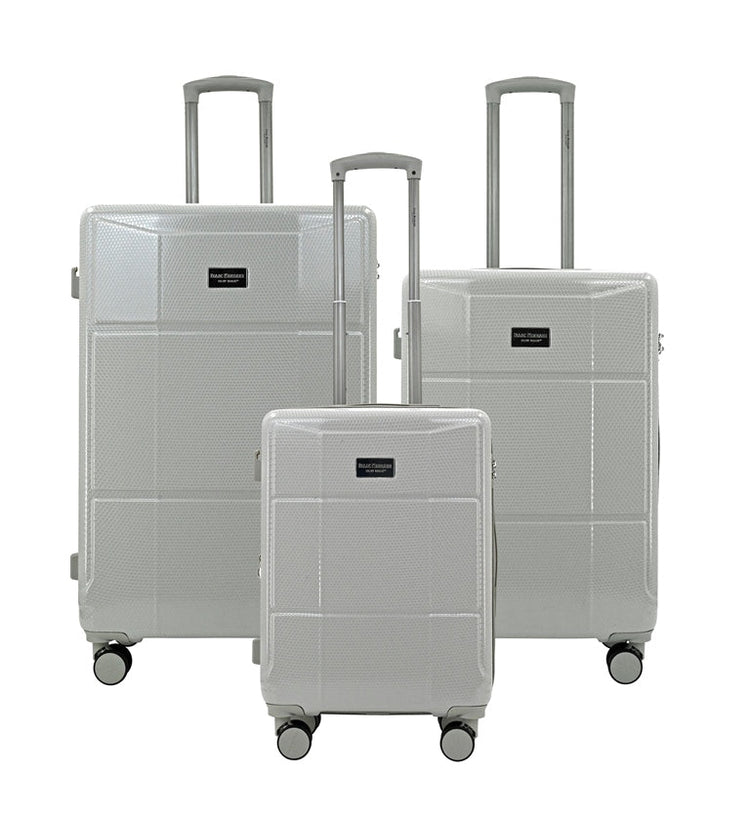 Set of three gray suitcases with wheels on a white background