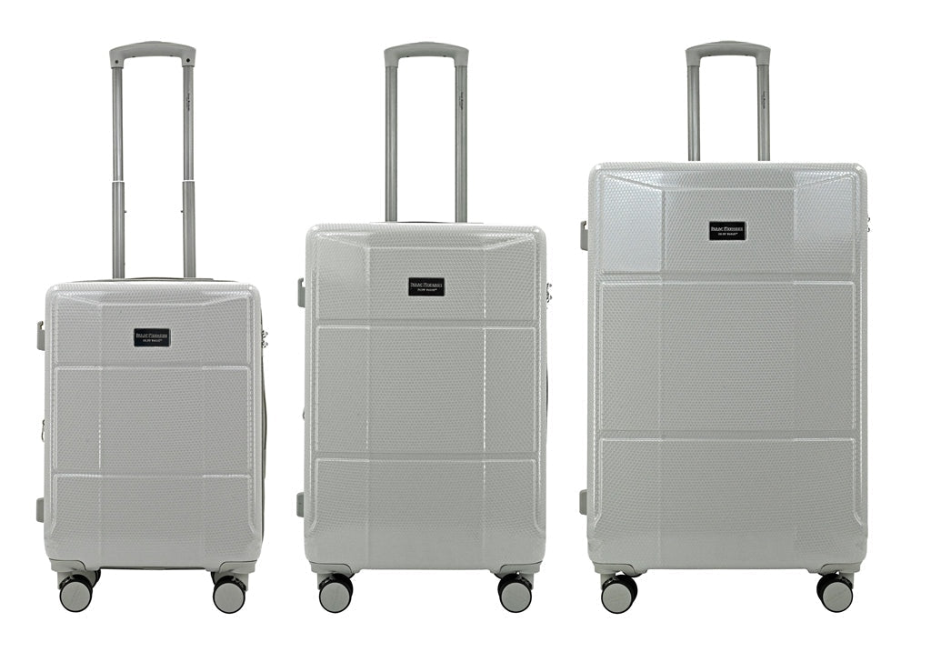 Three gray suitcases of different sizes on a white background