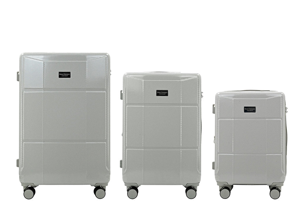 Three gray suitcases of different sizes on a white background