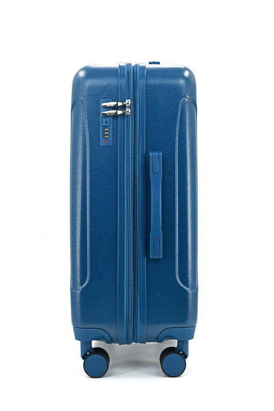 Set of three blue suitcases with wheels on a white background