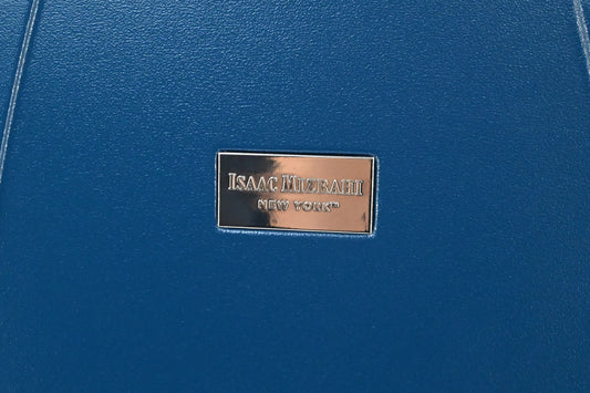 Set of three blue suitcases with wheels on a white background