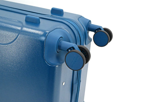Set of three blue suitcases with wheels on a white background