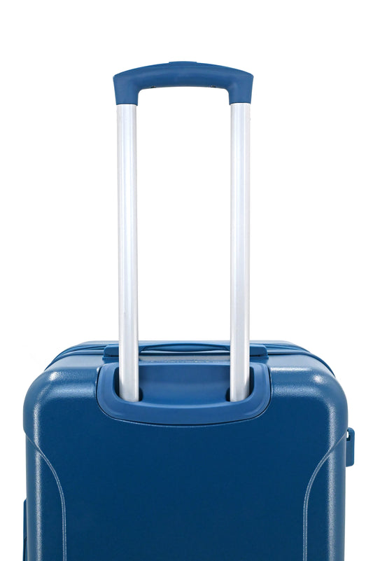 Set of three blue suitcases with wheels on a white background