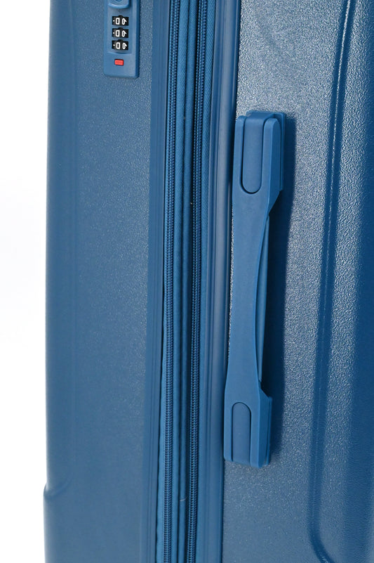 Set of three blue suitcases with wheels on a white background