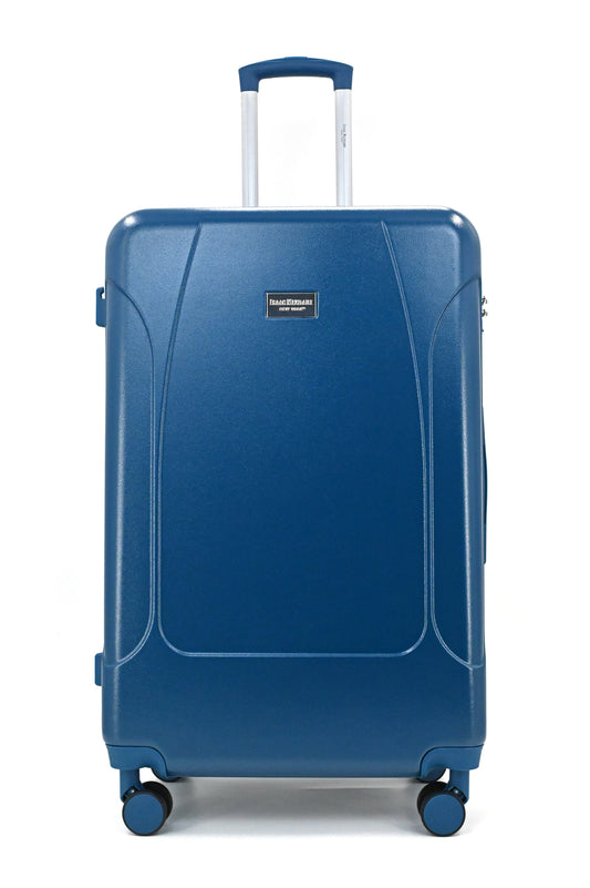 Set of three blue suitcases with wheels on a white background