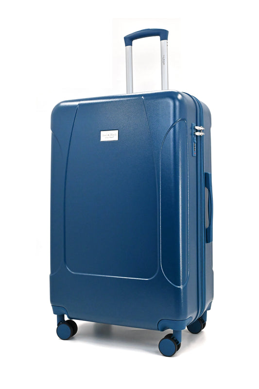 Set of three blue suitcases with wheels on a white background