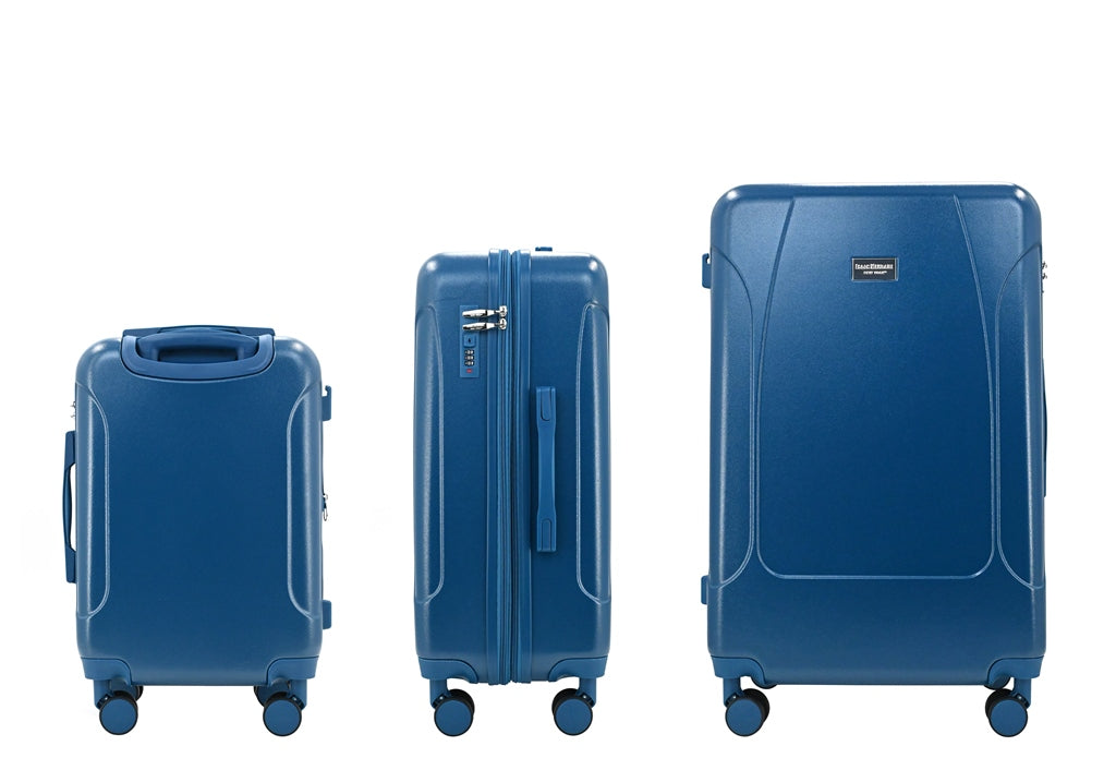 Three blue suitcases of different sizes on a white background