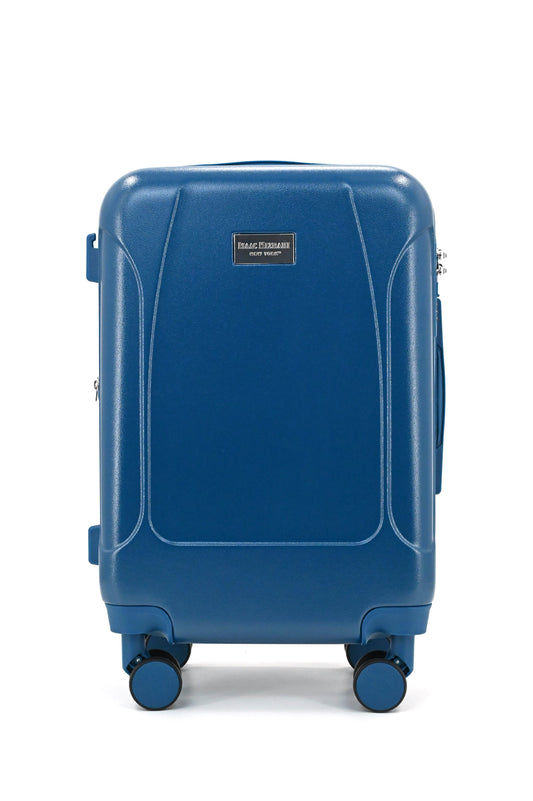 Set of three blue suitcases with wheels on a white background