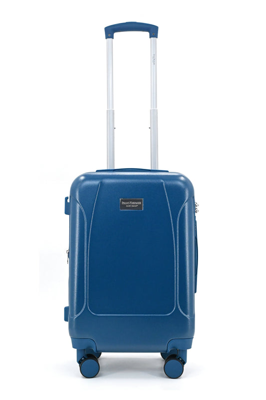 Set of three blue suitcases with wheels on a white background